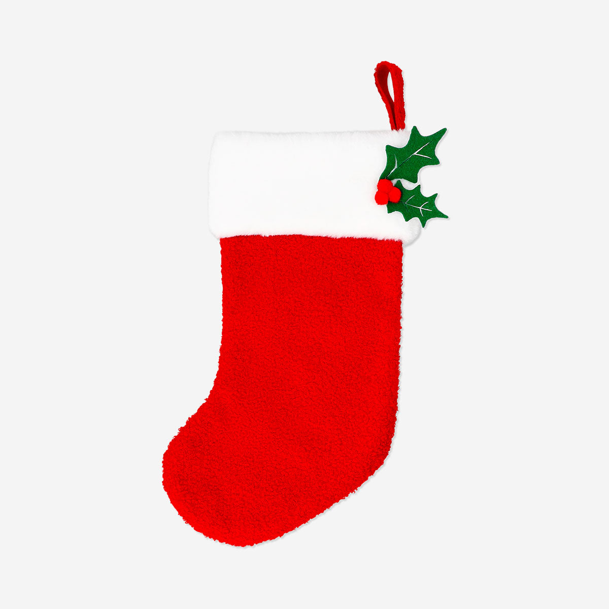 Red bouclé Christmas stocking with textured fabric and hanging loop, perfect for festive holiday home decor.