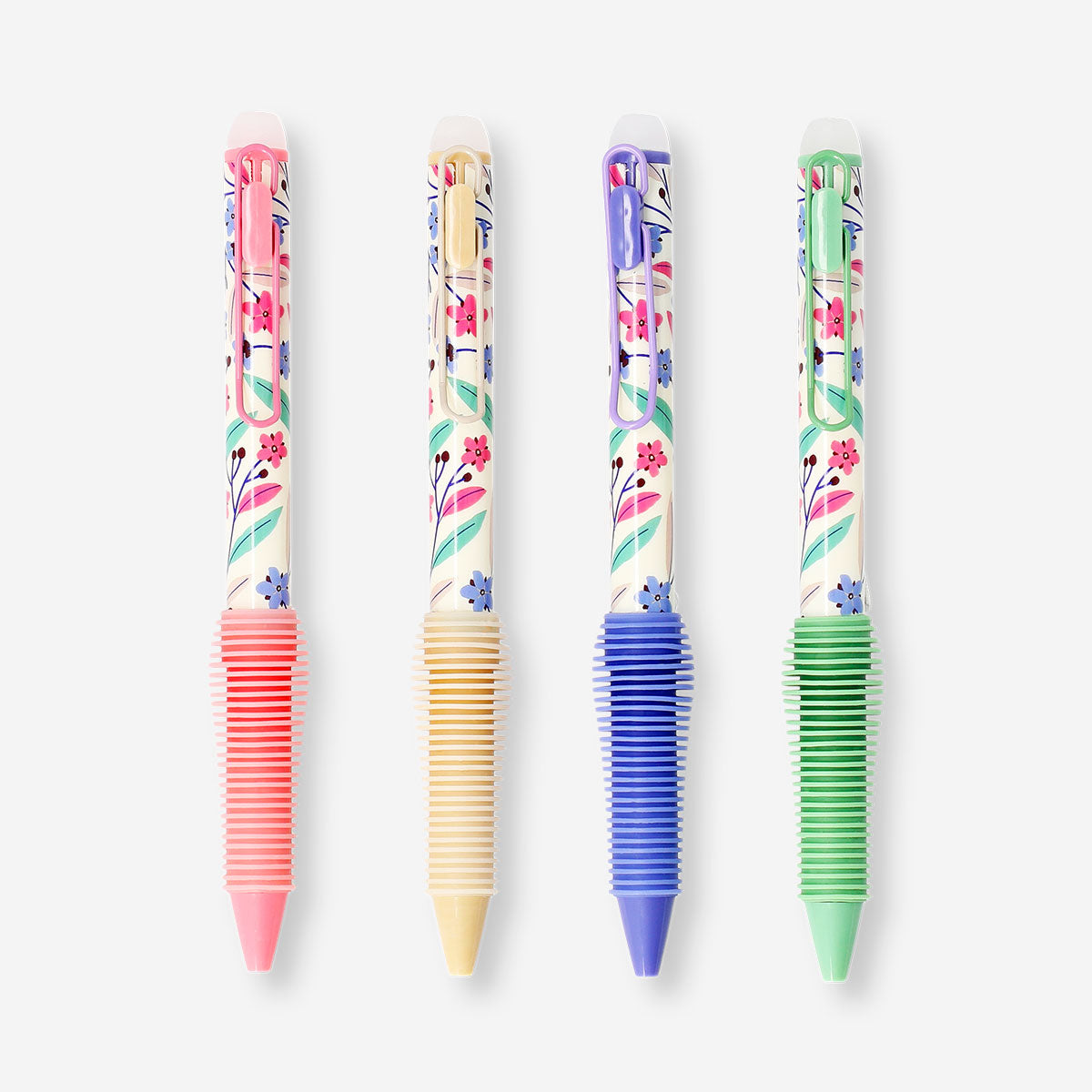 Set of four Flying Tiger Copenhagen erasable ballpoint pens with clip and floral design, ideal for office use.