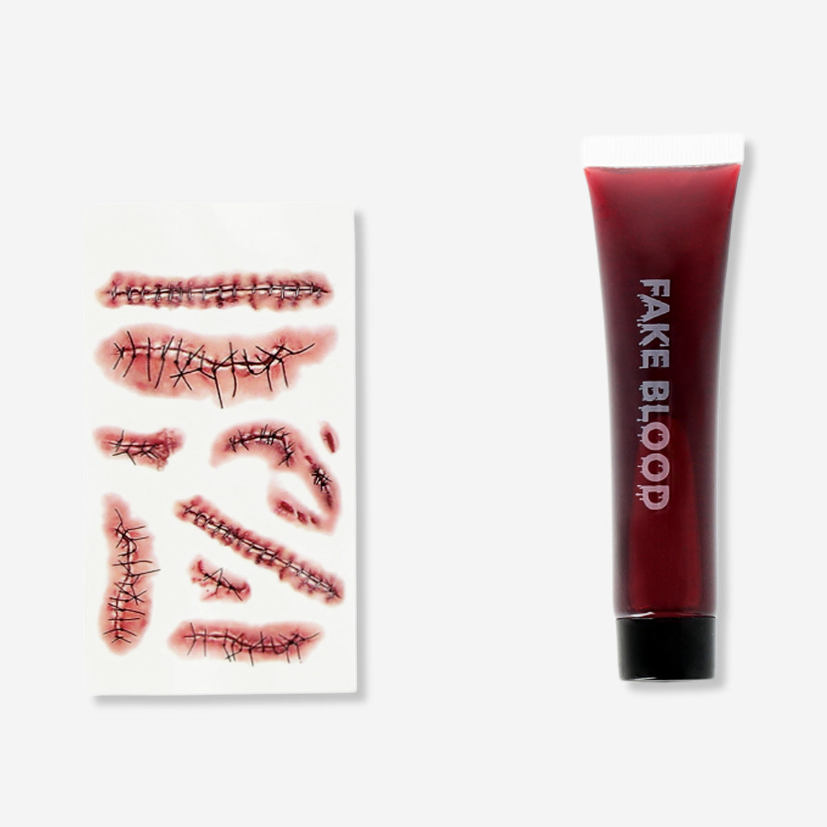 Flying Tiger Copenhagen fake blood for skin used on temporary tattoos, showing a realistic red blood effect on the skin.