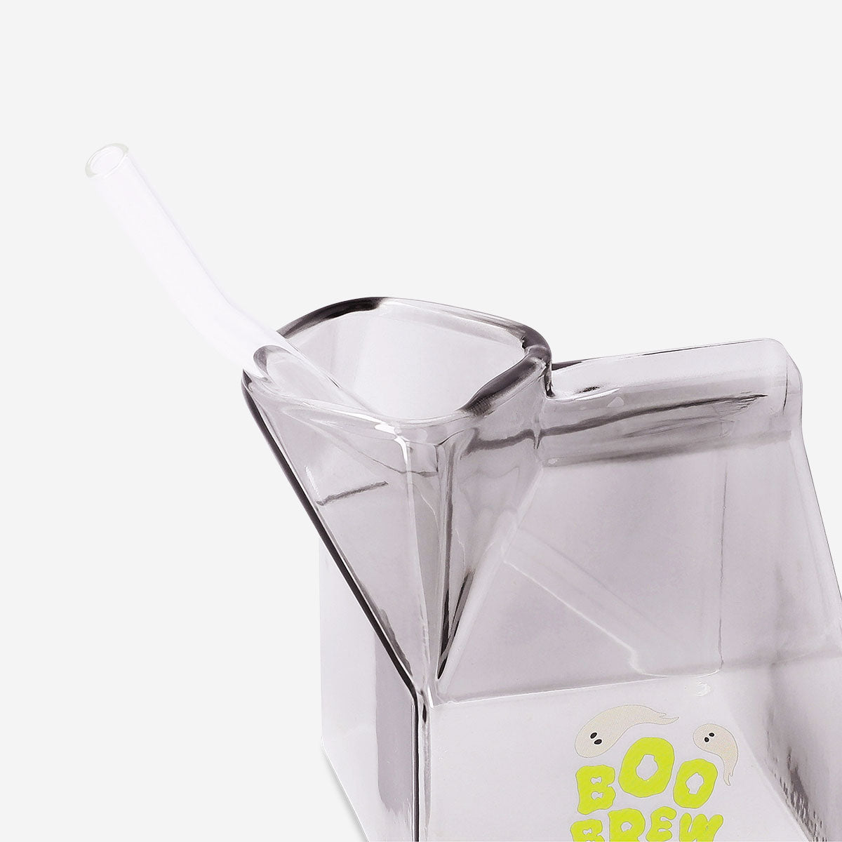 Glass milk carton with straw, 350 ml, Flying Tiger Copenhagen kitchenware, clear glass container with a straw for beverages.