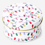 Tall round cake tin with Christmas string lights print, ideal for baking and festive holiday treats from Flying Tiger Copenhagen.