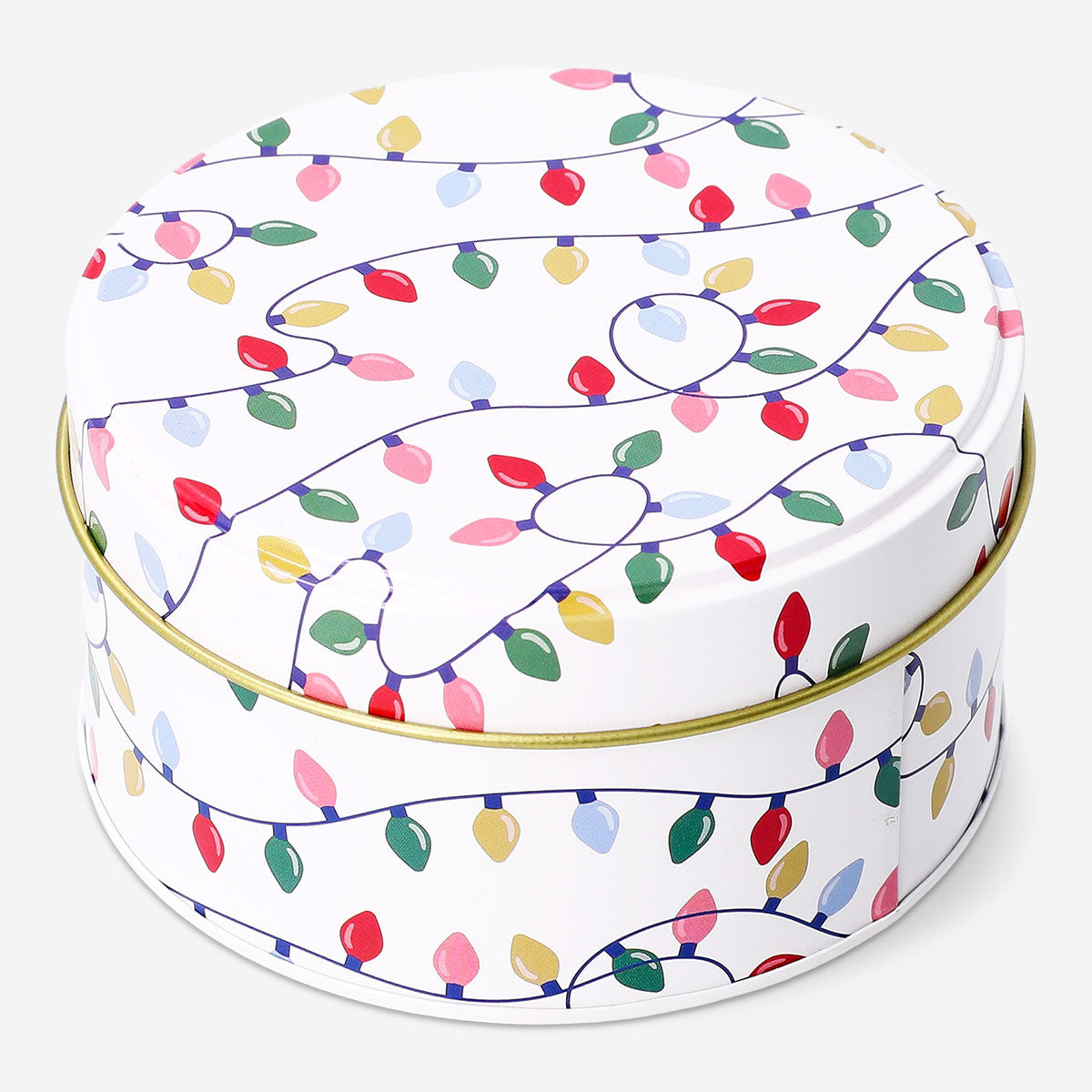 Tall round cake tin with Christmas string lights print, ideal for baking and festive holiday treats from Flying Tiger Copenhagen.