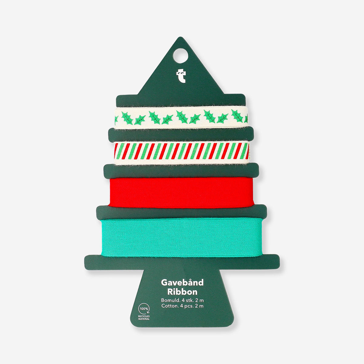 Set of 4 striped cotton ribbons with holly designs, ideal for office or craft projects, by Flying Tiger Copenhagen.