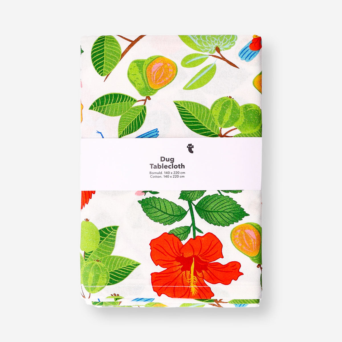 Tropical print tablecloth from Flying Tiger Copenhagen, 140x220 cm, featuring vibrant leaf and floral designs for home table decor.