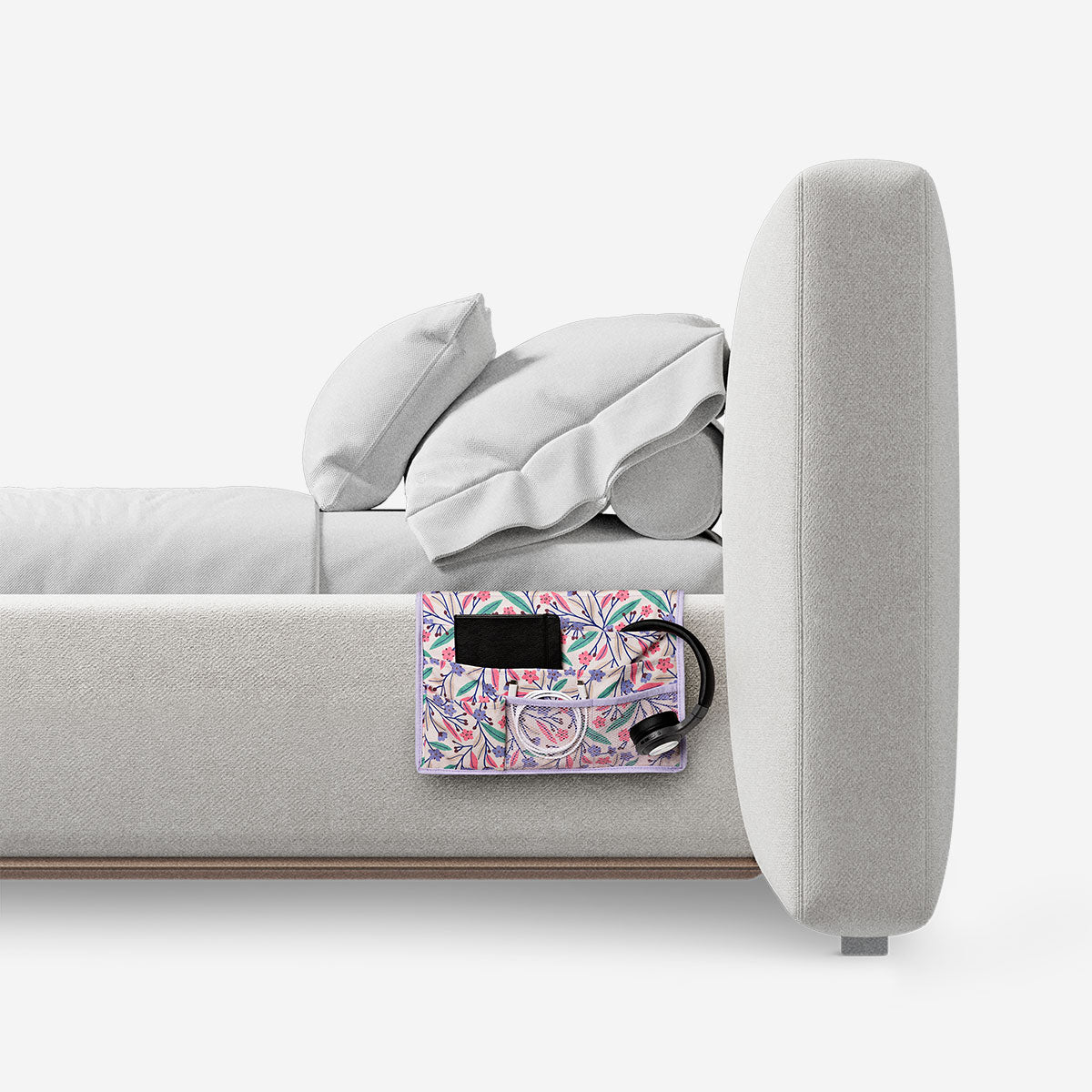 Flying Tiger Copenhagen floral bed pocket, 44x39 cm, hanging fabric organizer with colorful floral design for bedroom storage.