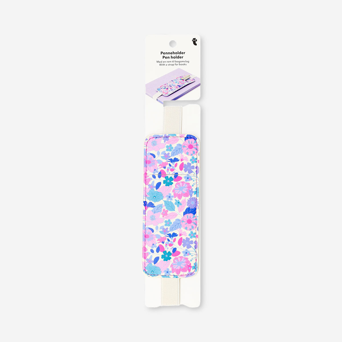 Flying Tiger Copenhagen floral office pen holder with strap for books, decorative desk accessory with colorful floral design.