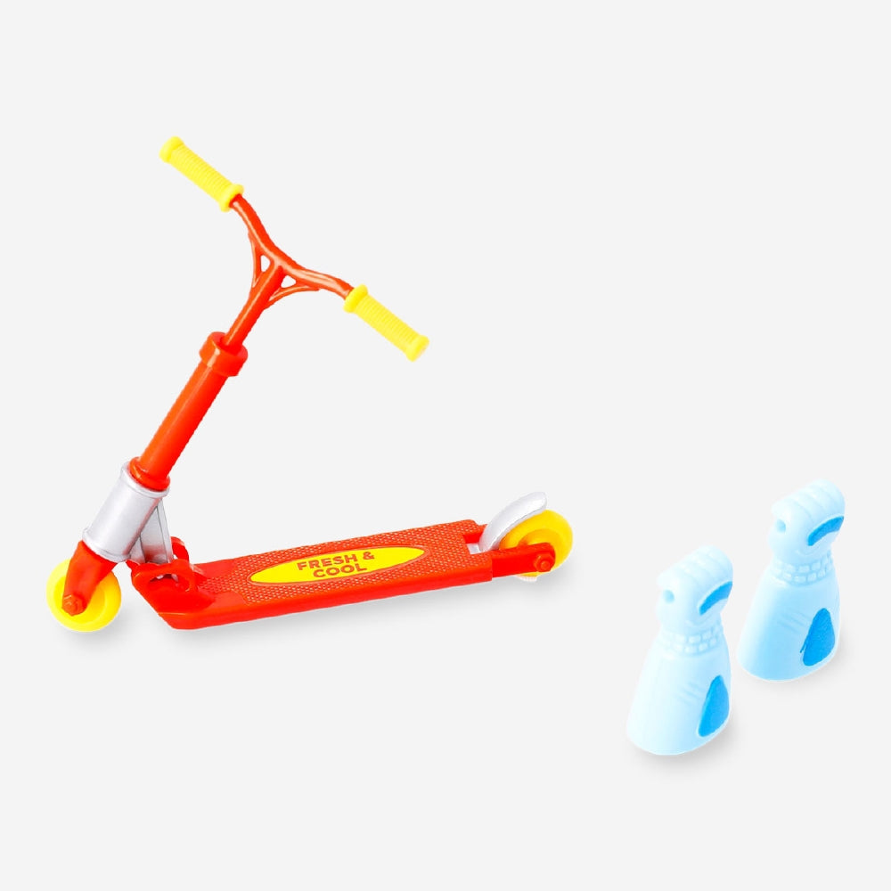 Colorful finger scooter set toy by Flying Tiger Copenhagen with multiple small finger skateboards on a white background.