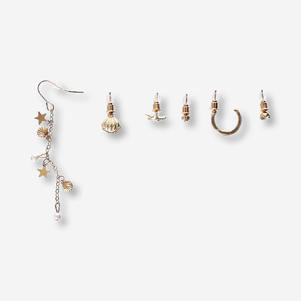 Set of six textile earrings featuring sea icon designs by Flying Tiger Copenhagen, displayed on a neutral background.