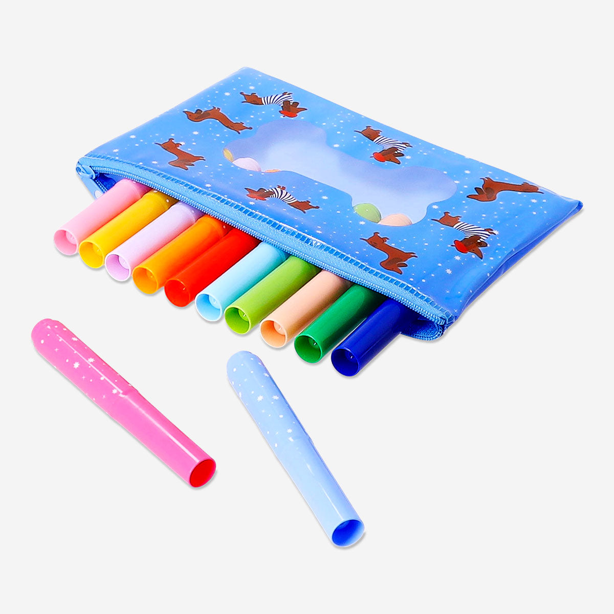 Set of 12 office markers in a playful sausage dog-shaped container by Flying Tiger Copenhagen, colorful and fun for creative use.