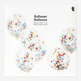 Six colorful party balloons with rainbow confetti, perfect for celebrations, by Flying Tiger Copenhagen.
