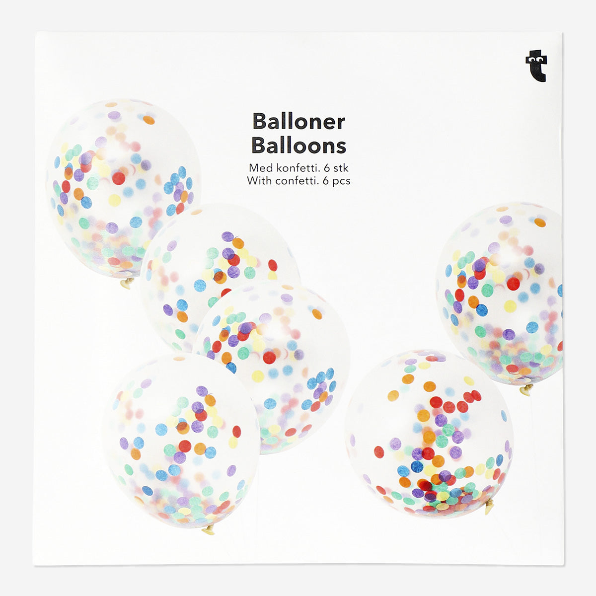 Six colorful party balloons with rainbow confetti, perfect for celebrations, by Flying Tiger Copenhagen.