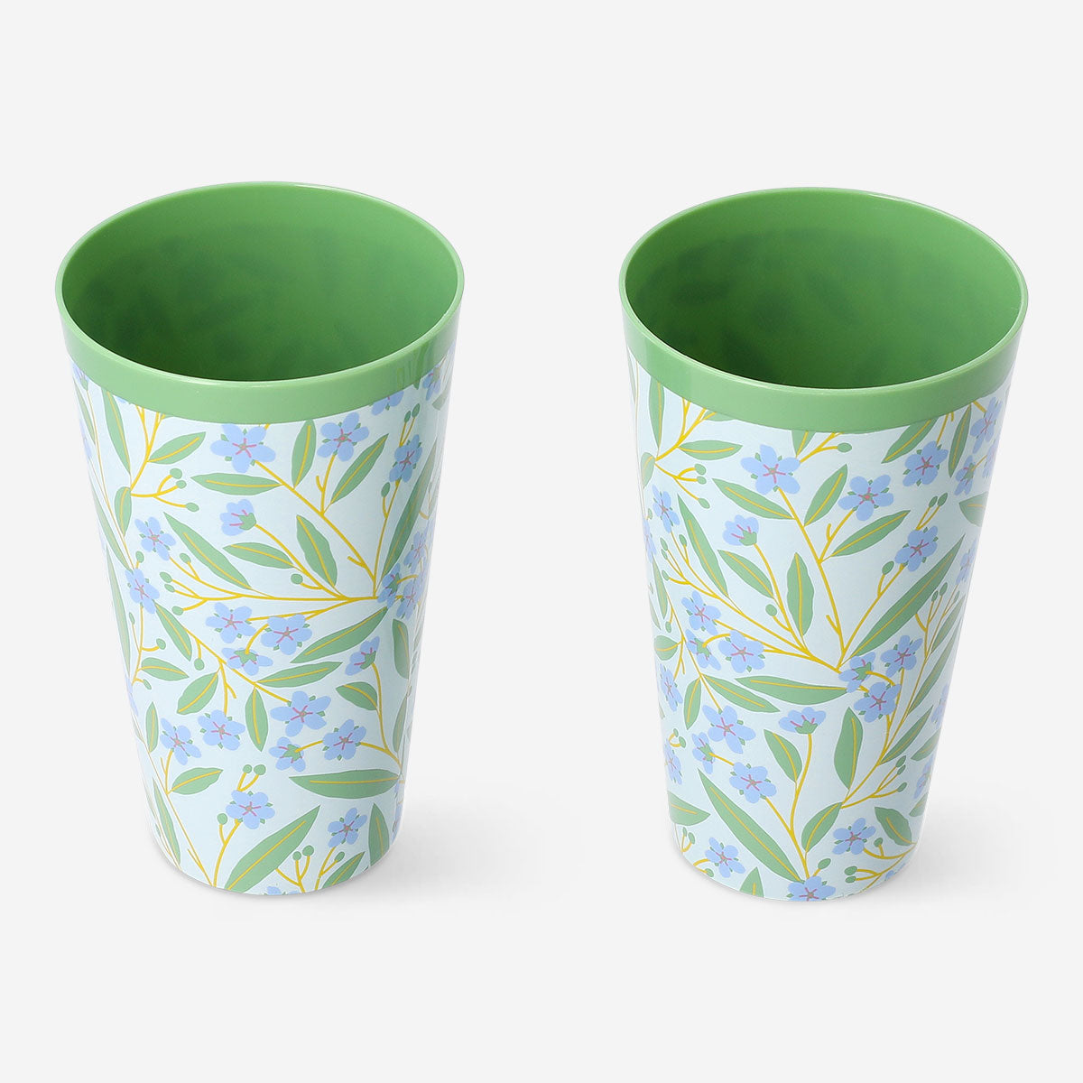 Two tall reusable party cups with summer print by Flying Tiger Copenhagen, perfect for summer gatherings and outdoor events.