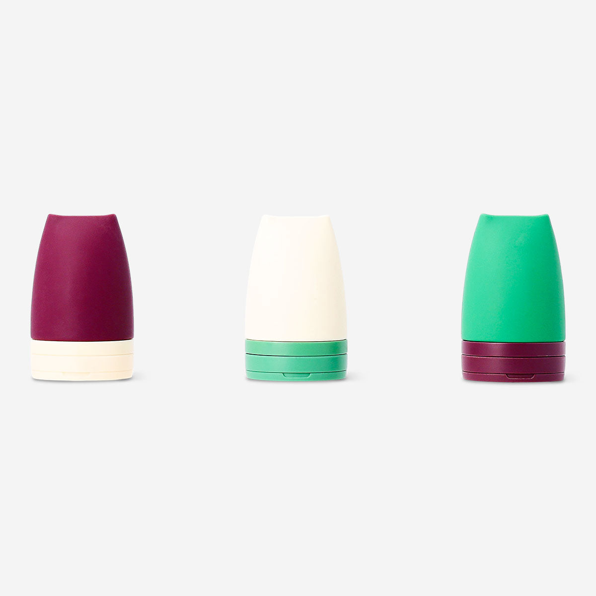 Set of three Flying Tiger Copenhagen silicone travel bottles, reusable leisure containers for toiletries and liquids.