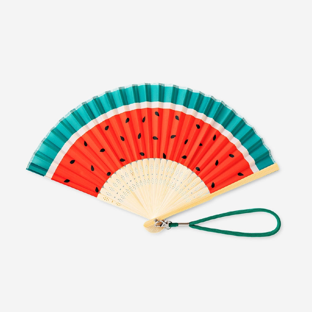 Foldable bamboo fan with watermelon print and strap, textile material, by Flying Tiger Copenhagen, shown open with vibrant design.