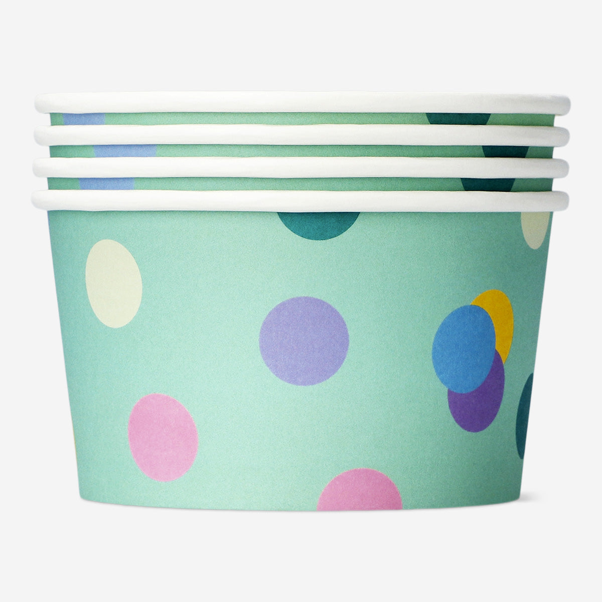 Set of four Flying Tiger Copenhagen paper snack bowls for parties, featuring colorful, lightweight disposable bowls for serving snacks.