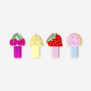 Set of four food-themed highlighters as office icons from Flying Tiger Copenhagen, featuring colorful food illustrations on each pen
