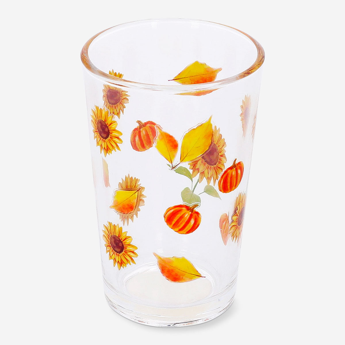 Clear 220 ml drinking glass featuring a sunflower print, perfect for kitchen use, from Flying Tiger Copenhagen.