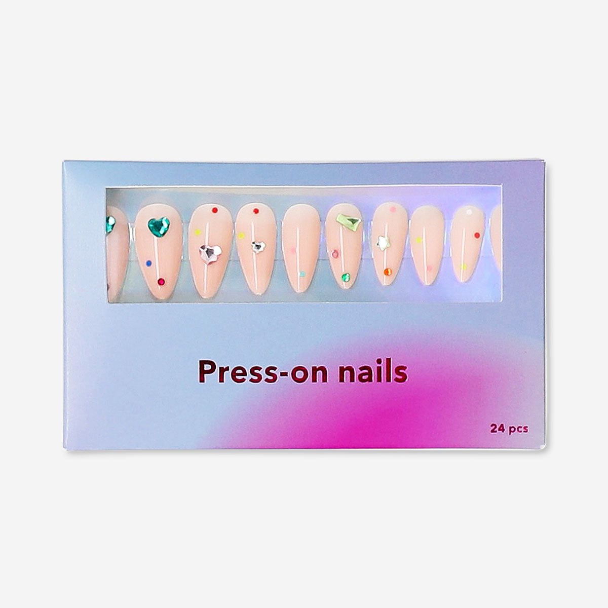 Set of Flying Tiger Copenhagen press-on nails with heart and rhinestone designs, perfect for stylish personal care.