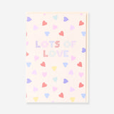 Flying Tiger Copenhagen greeting card featuring "Lots of Love" with heart illustrations, ideal for sending heartfelt messages.
