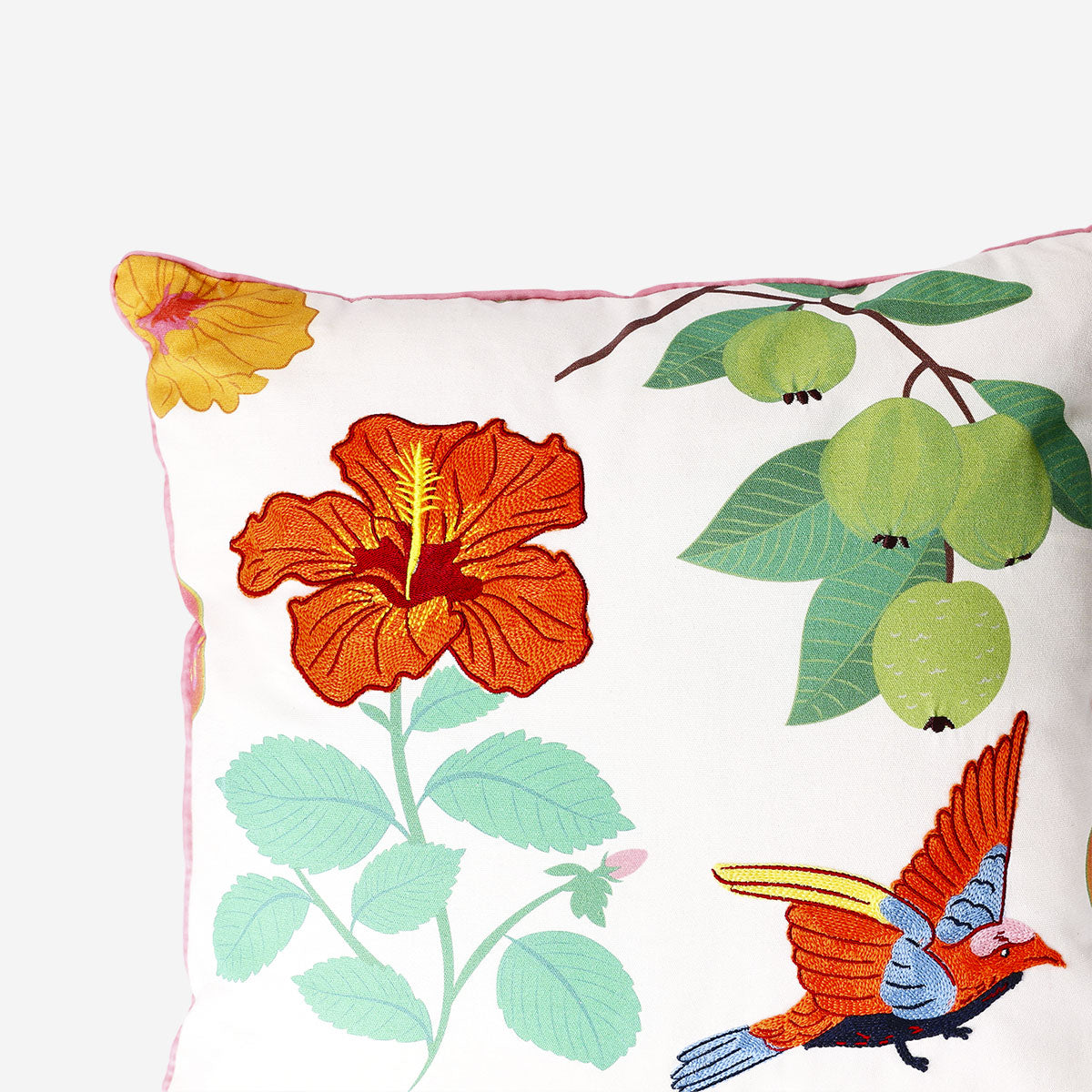 Tropical print cushion in 45x45 cm size from Flying Tiger Copenhagen, featuring vibrant botanical design for home decor.