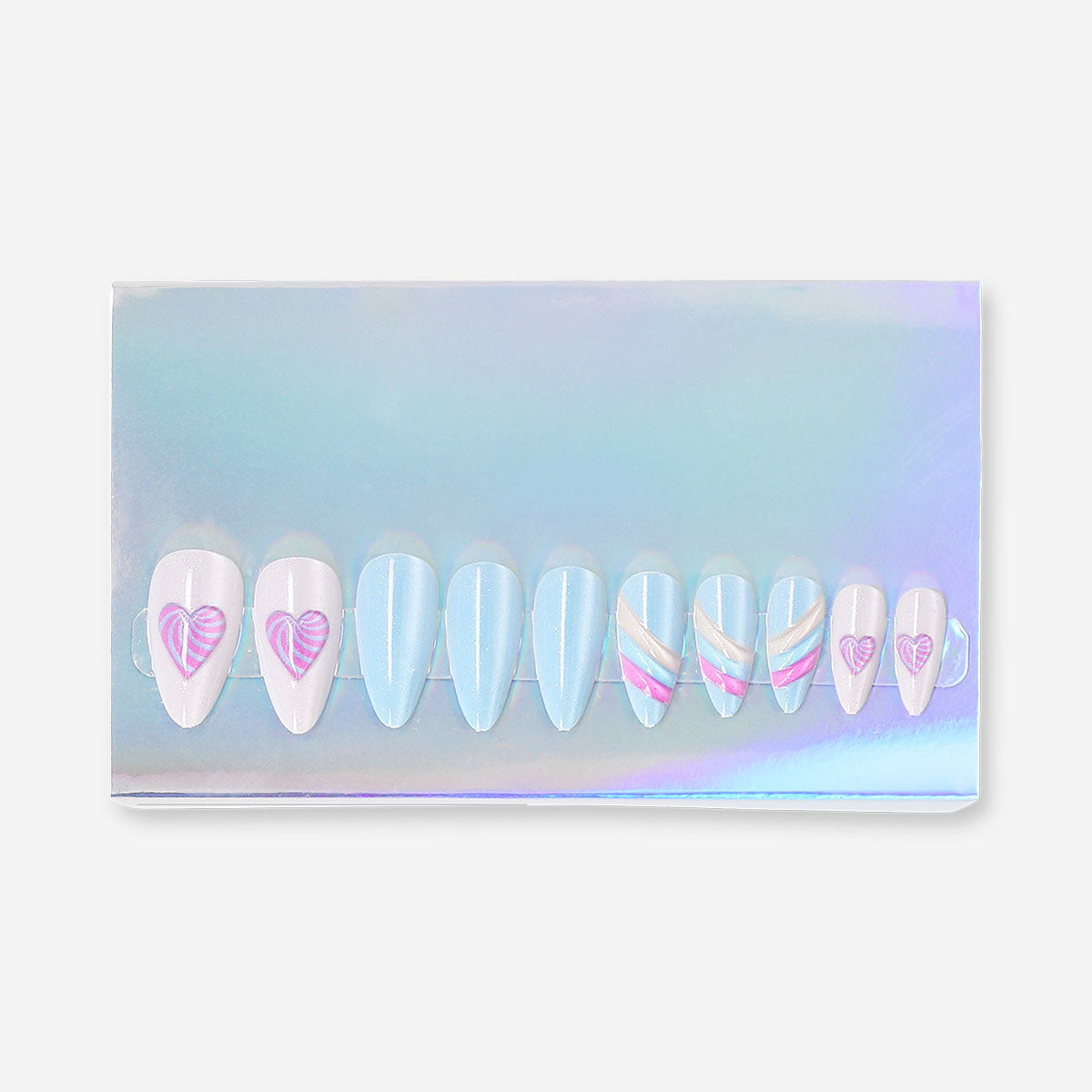 Flying Tiger Copenhagen press-on nails featuring colorful hearts and rainbows for a fun, stylish personal care accessory.