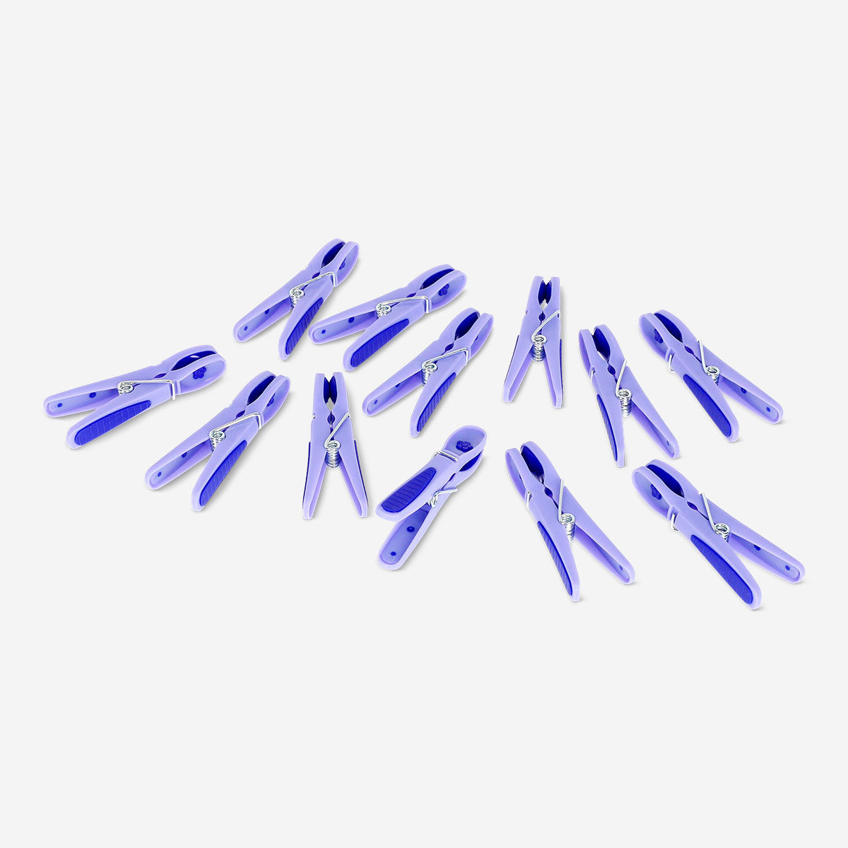 Blue flower-shaped clothes pegs, 12-pack from Flying Tiger Copenhagen, shown clipped onto a clothesline for hanging laundry.
