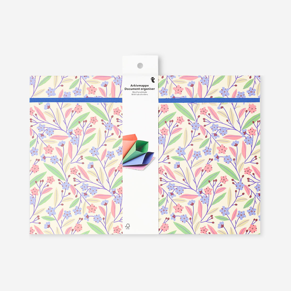A4 floral document organiser with tab dividers from Flying Tiger Copenhagen, featuring colorful floral patterns and multiple compartments.