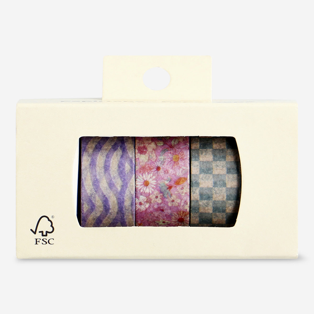 Three rolls of Flying Tiger Copenhagen hobby paper tape with colorful patterns on a white background.