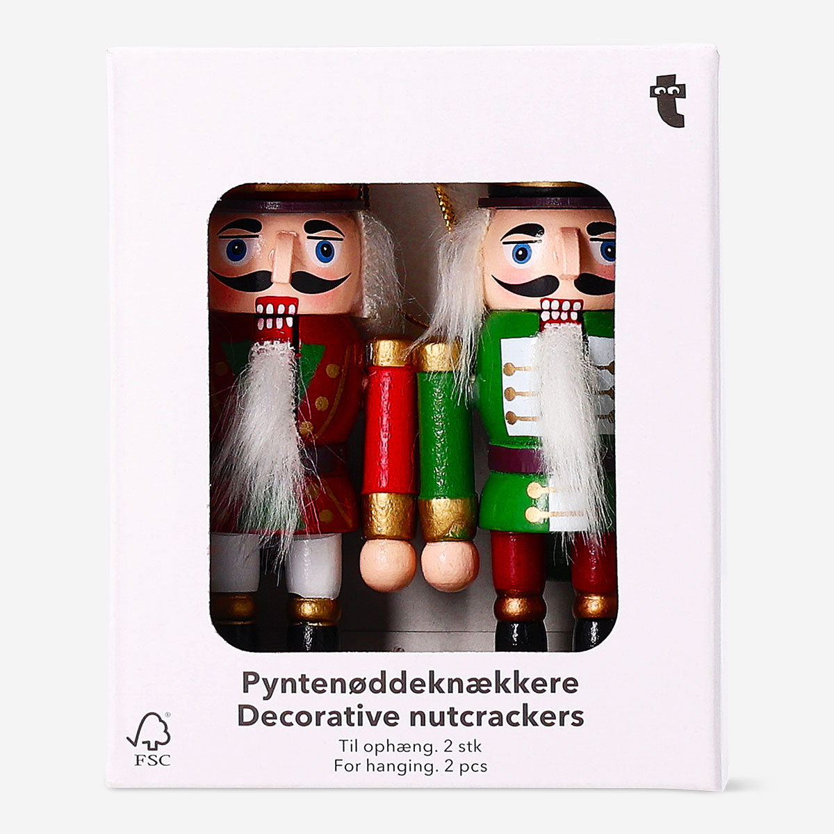Pair of decorative hanging nutcrackers for home decor by Flying Tiger Copenhagen, featuring colorful, festive designs.