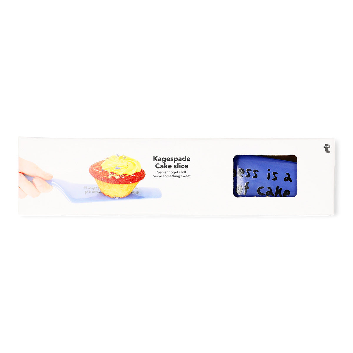 Blue Flying Tiger Copenhagen kitchen cake slicer with text for even, clean slices of cake.