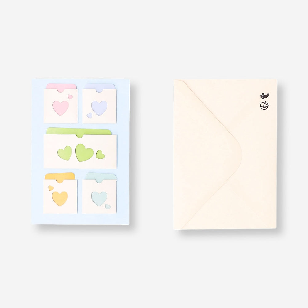 Flying Tiger Copenhagen greeting card with small envelopes featuring heart designs, ideal for office correspondence or gifting.