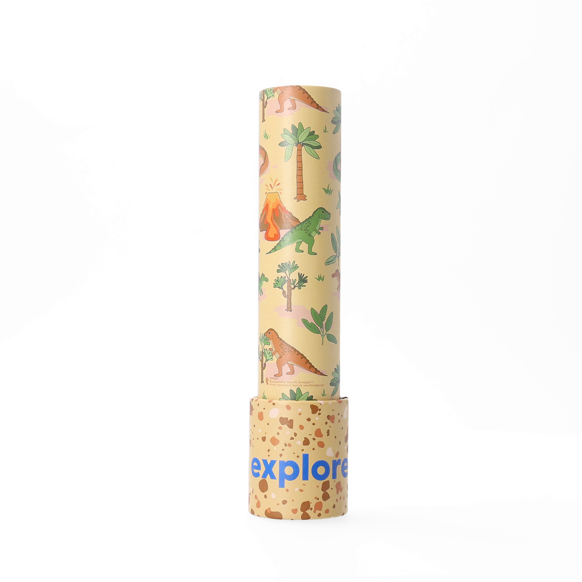 Colorful dinosaur-shaped kaleidoscope toy by Flying Tiger Copenhagen showing intricate patterns through the eyepiece