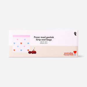 Set of 30 0.5L Flying Tiger Copenhagen grip seal bags with zip closure and heart print for kitchen storage.