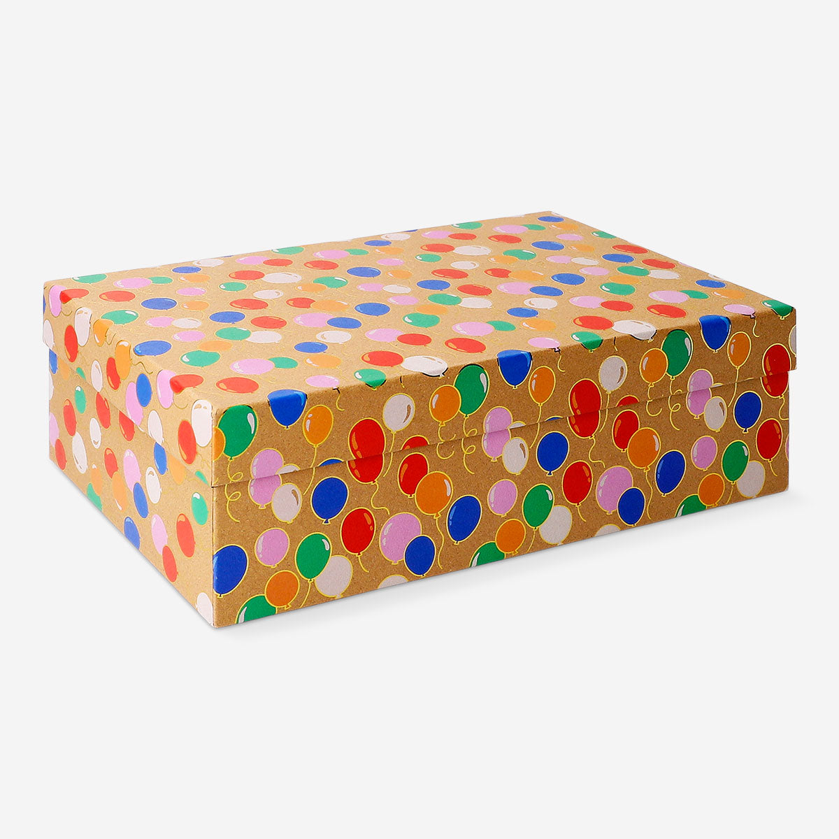 Brown office gift box with colorful balloons, measuring 28x20x9 cm, from Flying Tiger Copenhagen.