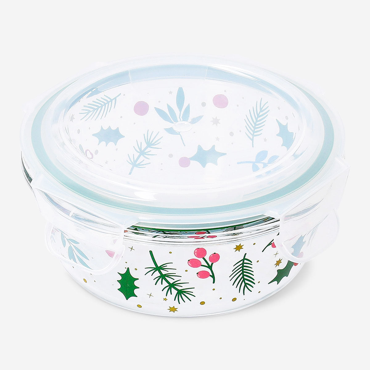 Glass food container with Christmas print from Flying Tiger Copenhagen, 14 cm kitchen storage container with festive design.