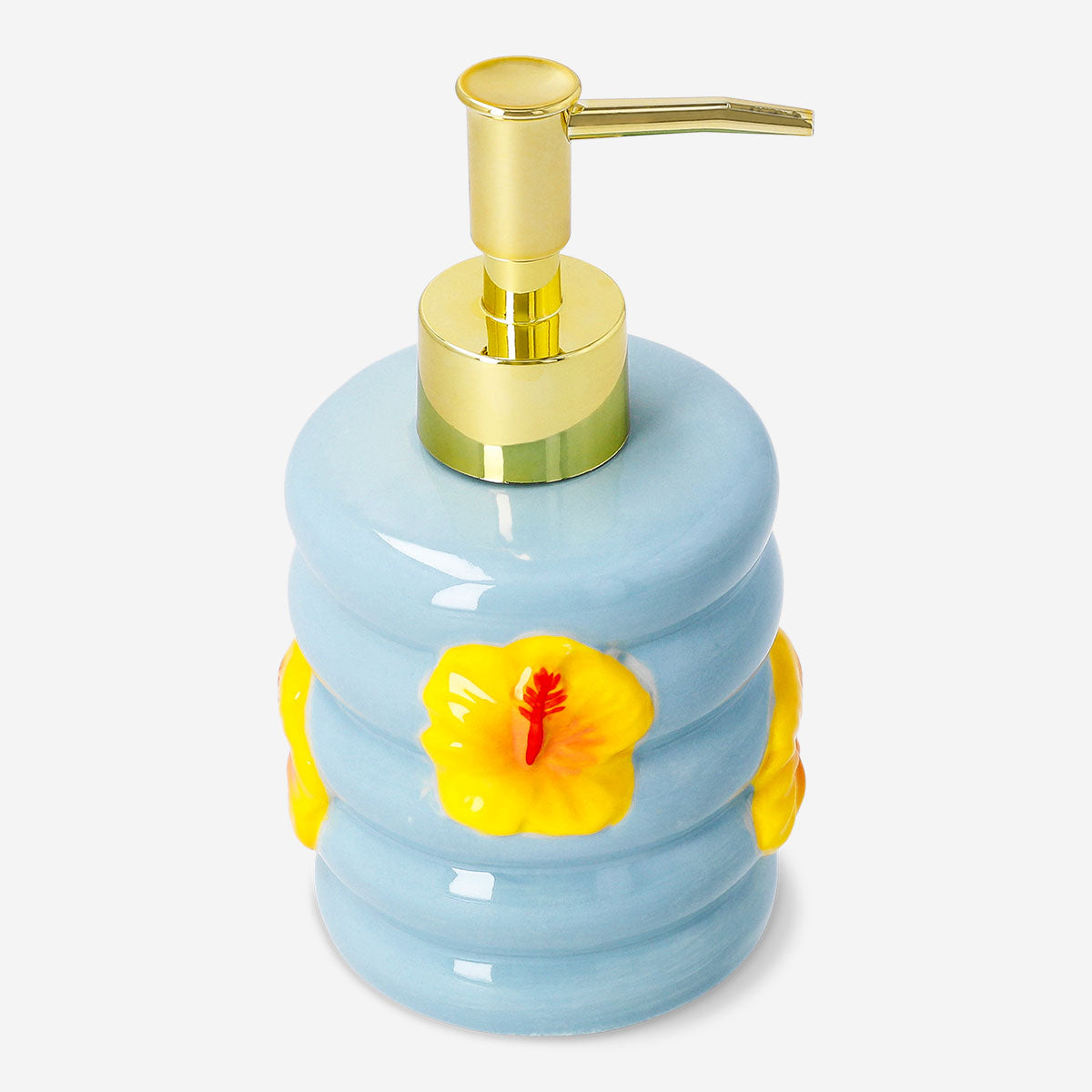 Ceramic soap dispenser with hibiscus flower print, stylish home accessory by Flying Tiger Copenhagen.