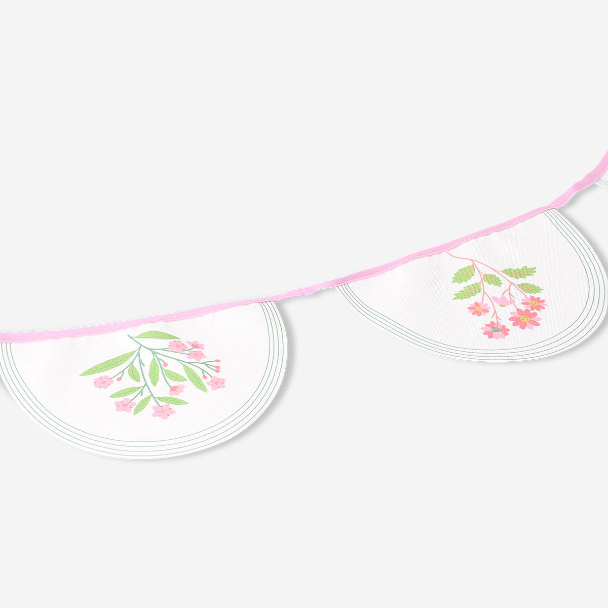 Colorful floral fabric garland for parties, 300 cm long, with vibrant flower patterns, ideal for festive decorations.
