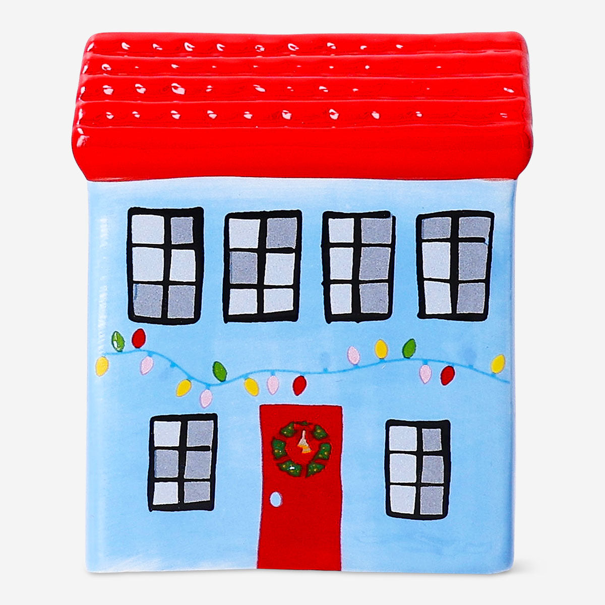 Decorative blue house with string lights on a home decor display, 7 cm, by Flying Tiger Copenhagen.