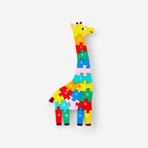 Wooden giraffe number puzzle toy by Flying Tiger Copenhagen, featuring colorful numbered blocks and a giraffe shape for learning and play.