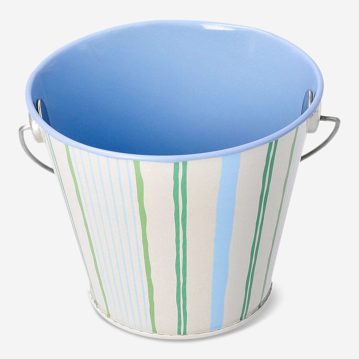 Striped metal flowerpot for home decor with colorful vertical stripes, designed by Flying Tiger Copenhagen.