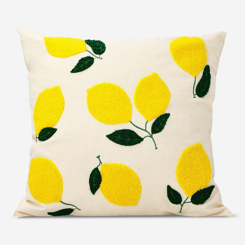Lemon print cushion in 45x45 cm with yellow and white fruit design, from Flying Tiger Copenhagen, for home decor.