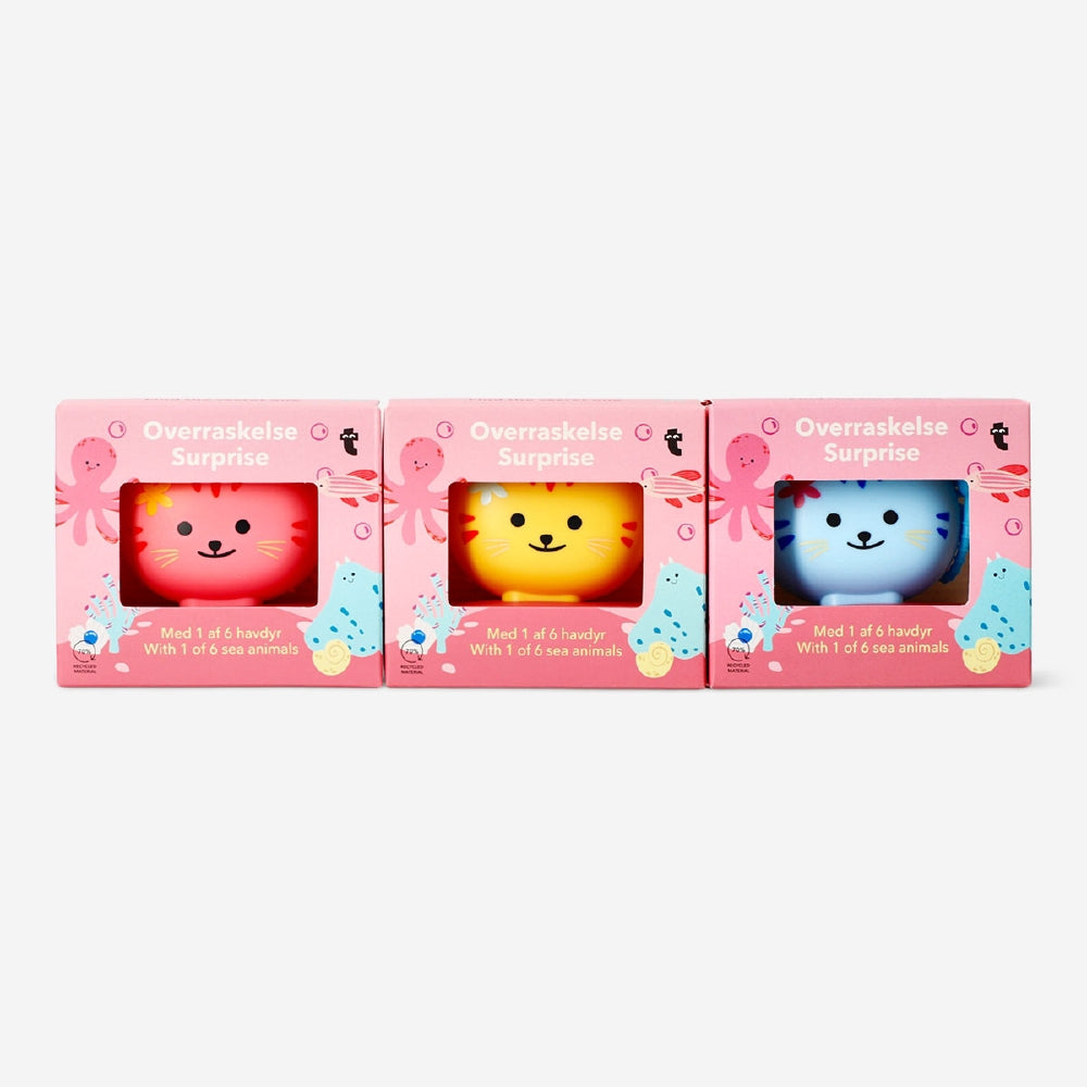 Collectable surprise toy featuring sea animals in a cat box from Flying Tiger Copenhagen, with colorful sea creature figures inside.