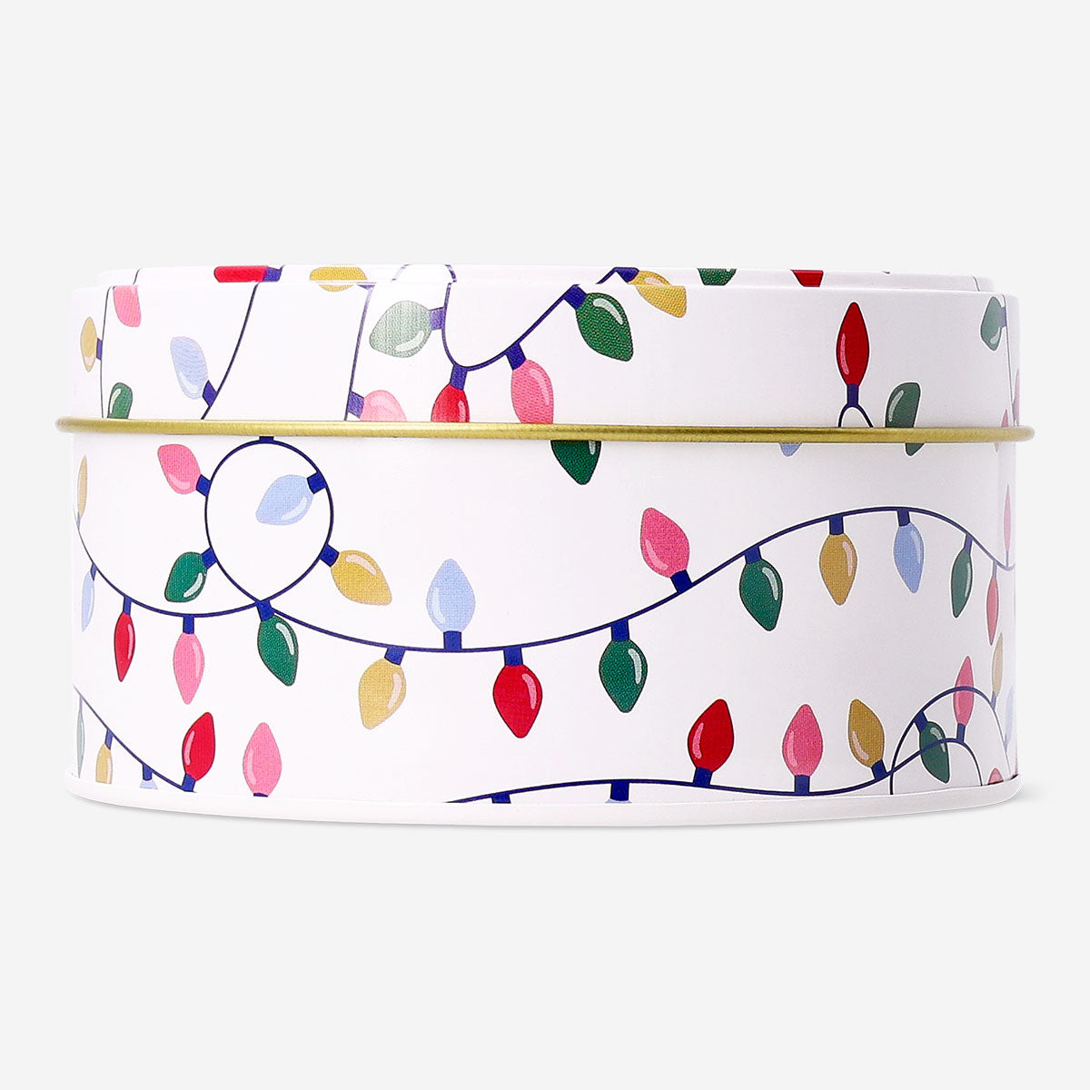 Round tall cake tin with Christmas string lights print, kitchen storage container by Flying Tiger Copenhagen.