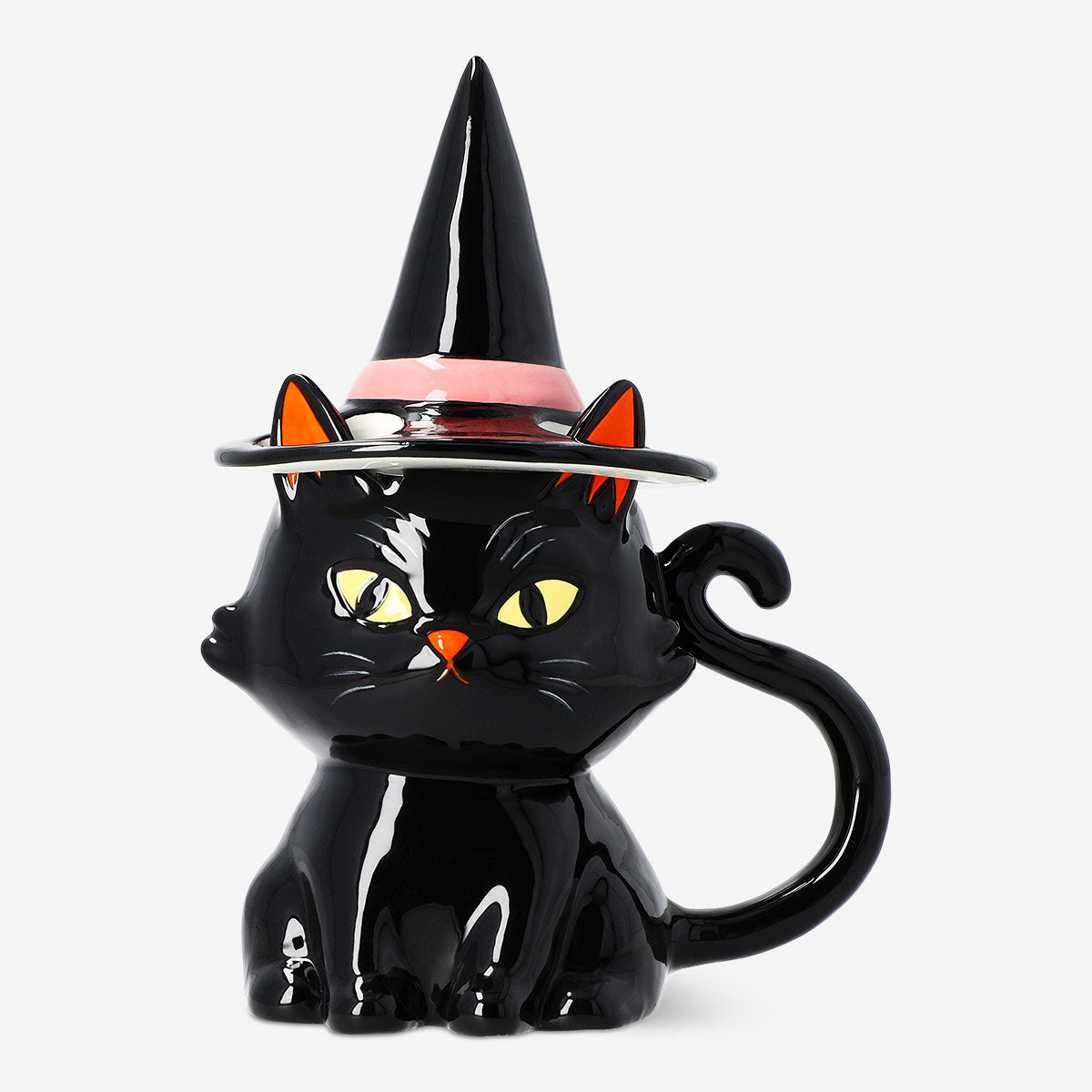 Black cat with witch hat mug from Flying Tiger Copenhagen, 340 ml, ceramic kitchen mug featuring Halloween-themed design.