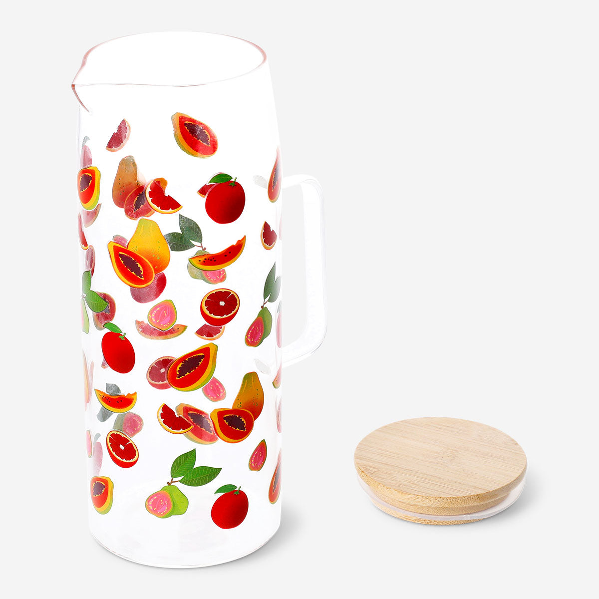 Glass jug with fruit print, bamboo lid, 1.15L kitchen pitcher by Flying Tiger Copenhagen, showcasing the stylish design and clear glass.