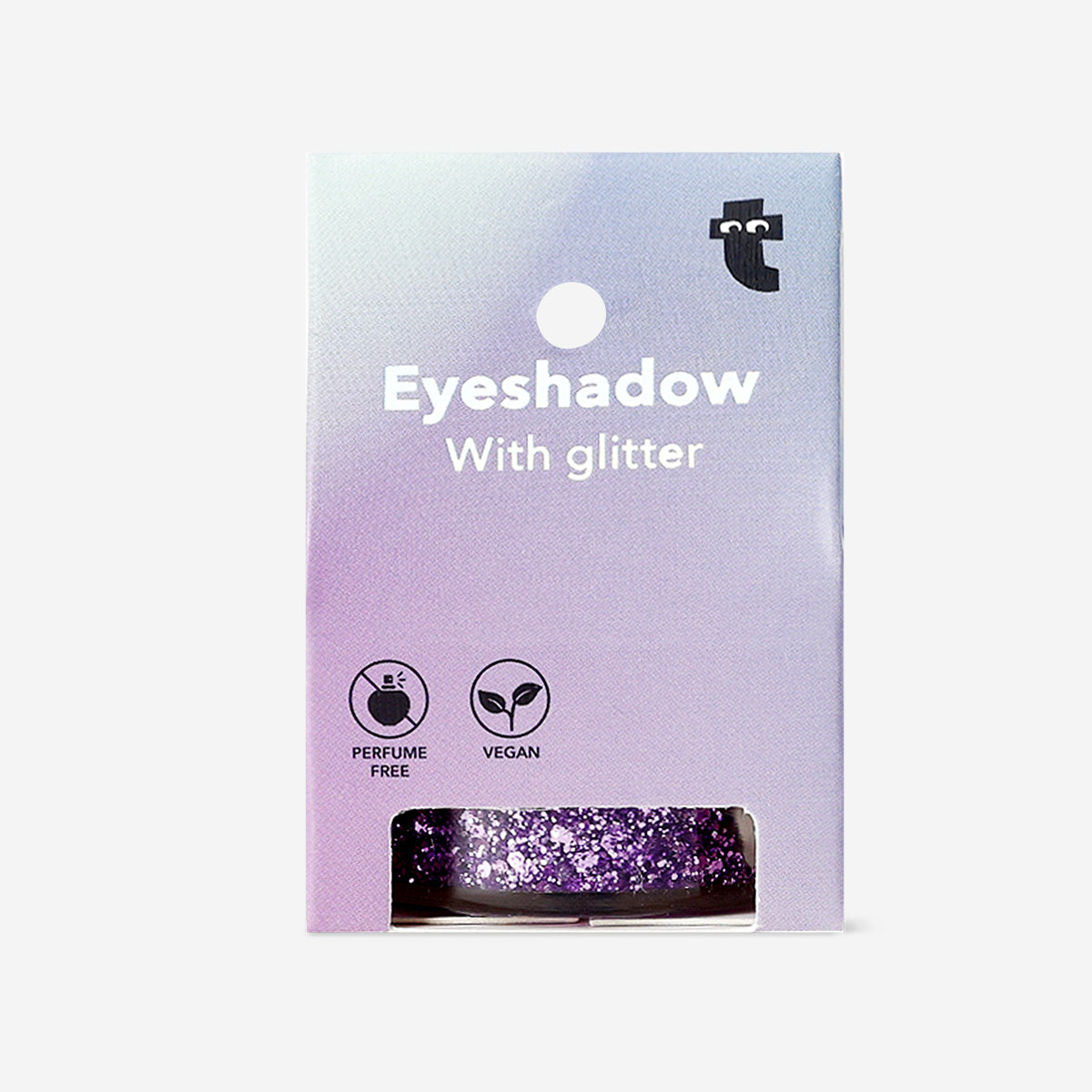 Purple glitter eyeshadow flakes from Flying Tiger Copenhagen, close-up of sparkling, iridescent cosmetic flakes for eye makeup.