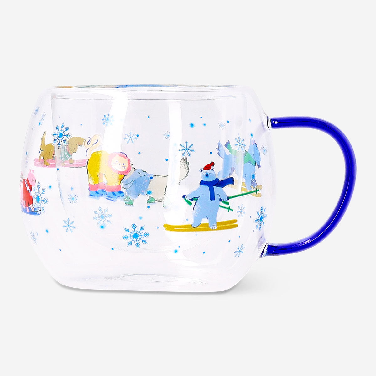 Flying Tiger Copenhagen Ski Village glass mug, 250 ml, with winter village design, ideal for hot beverages in the kitchen.