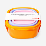 Set of three Flying Tiger Copenhagen kitchen food containers with clear lids for storing leftovers and snacks.