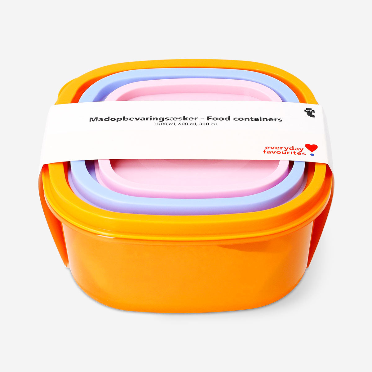 Set of three Flying Tiger Copenhagen kitchen food containers with clear lids for storing leftovers and snacks.