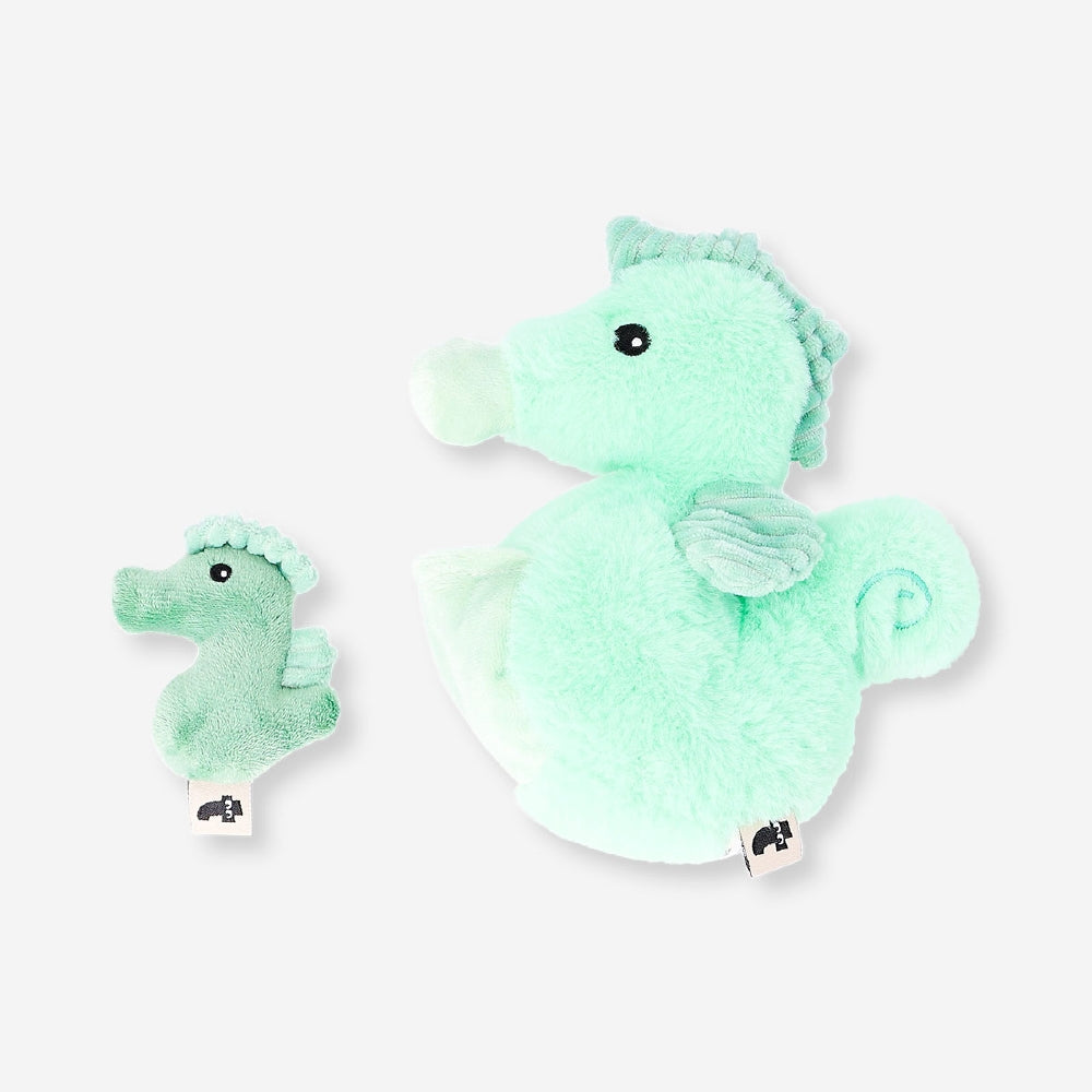 Flying Tiger Copenhagen plush seahorse toy with a small fry, soft and colorful marine animal for children.